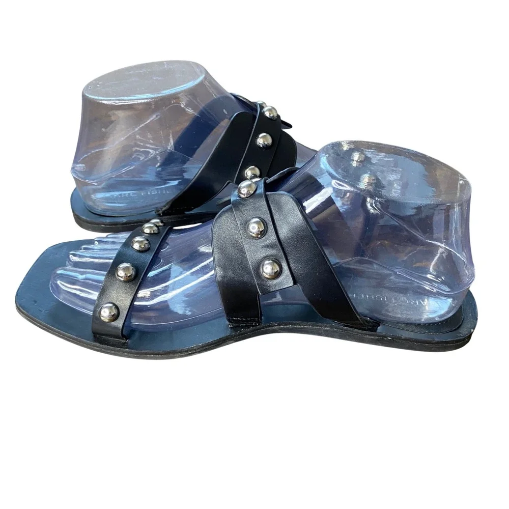Marc Fisher Black Leather Studded Square Toe Flat Slide Sandals Silver Studs 8M